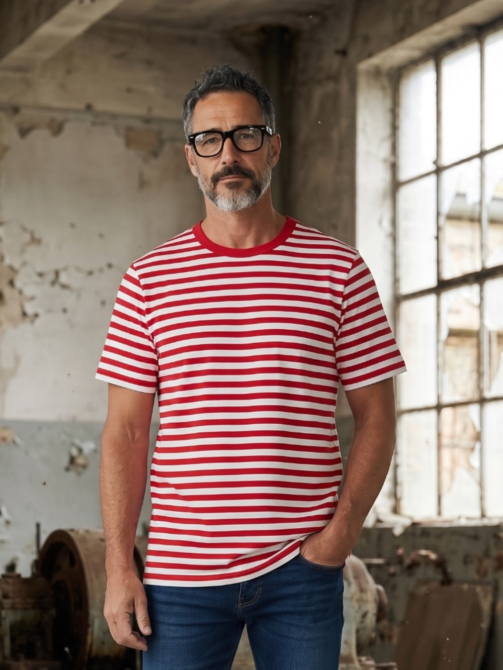 Marimekko 100% cotton unisex striped tee in red and beige